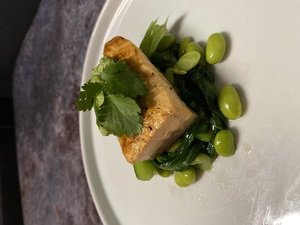 GRILLED HALIBUT ON EDAMAME PASTE MAINS